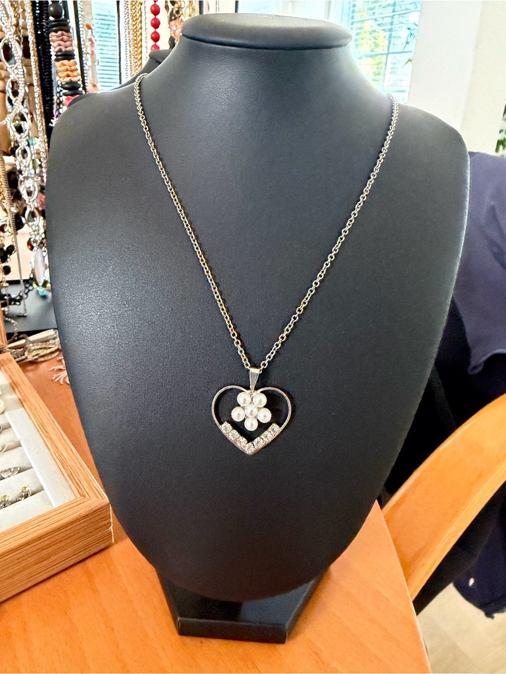 Silver Heart Pendant Necklace with Crystal Flower - Women's Jewelry